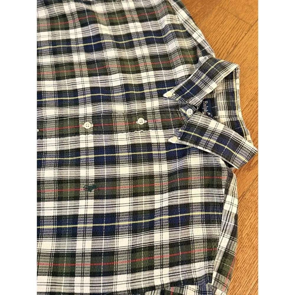Polo Ralph Lauren Mens Seersucker Shirt Blue Green Yellow Plaid Size X-Large